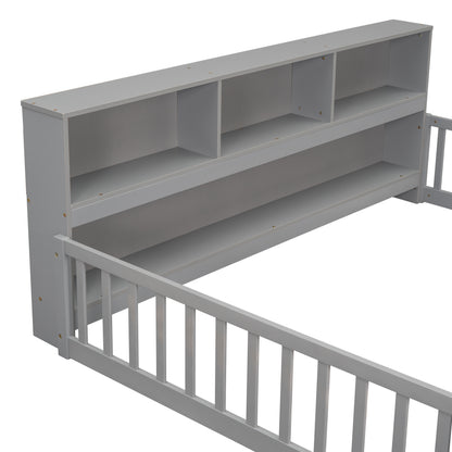 Full Floor Bed with Side Bookcase,Shelves,Guardrails,Grey image 5