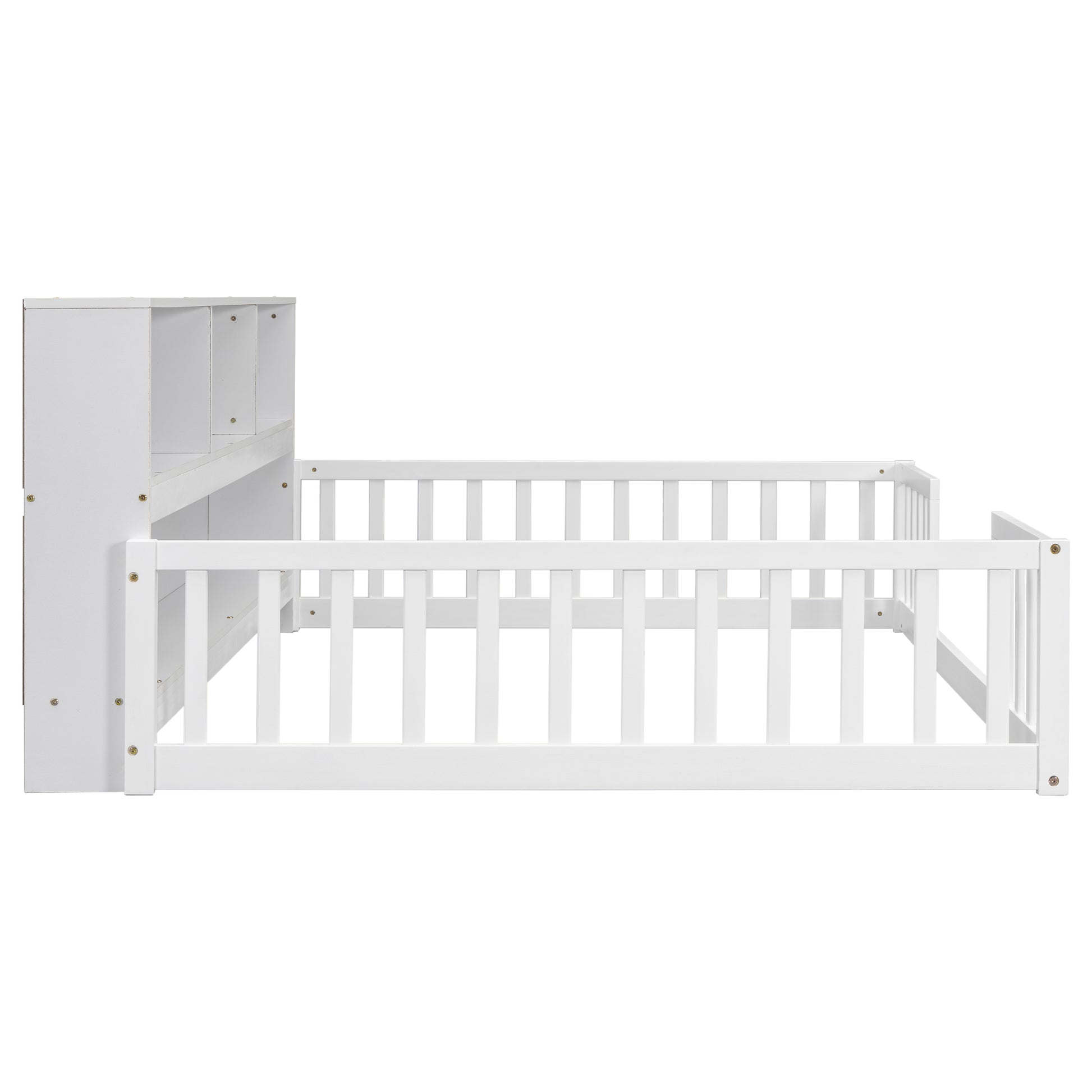 Full Floor Bed with Side Bookcase,Shelves,Guardrails,White image 9
