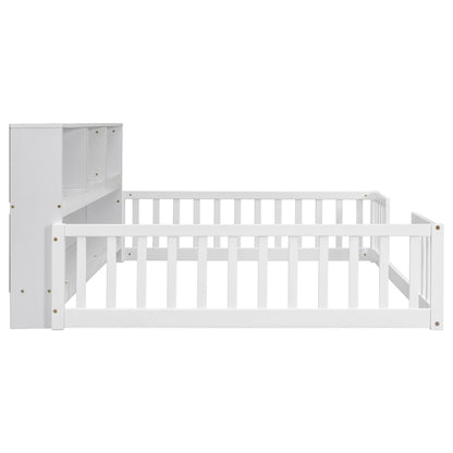 Full Floor Bed with Side Bookcase,Shelves,Guardrails,White image 9