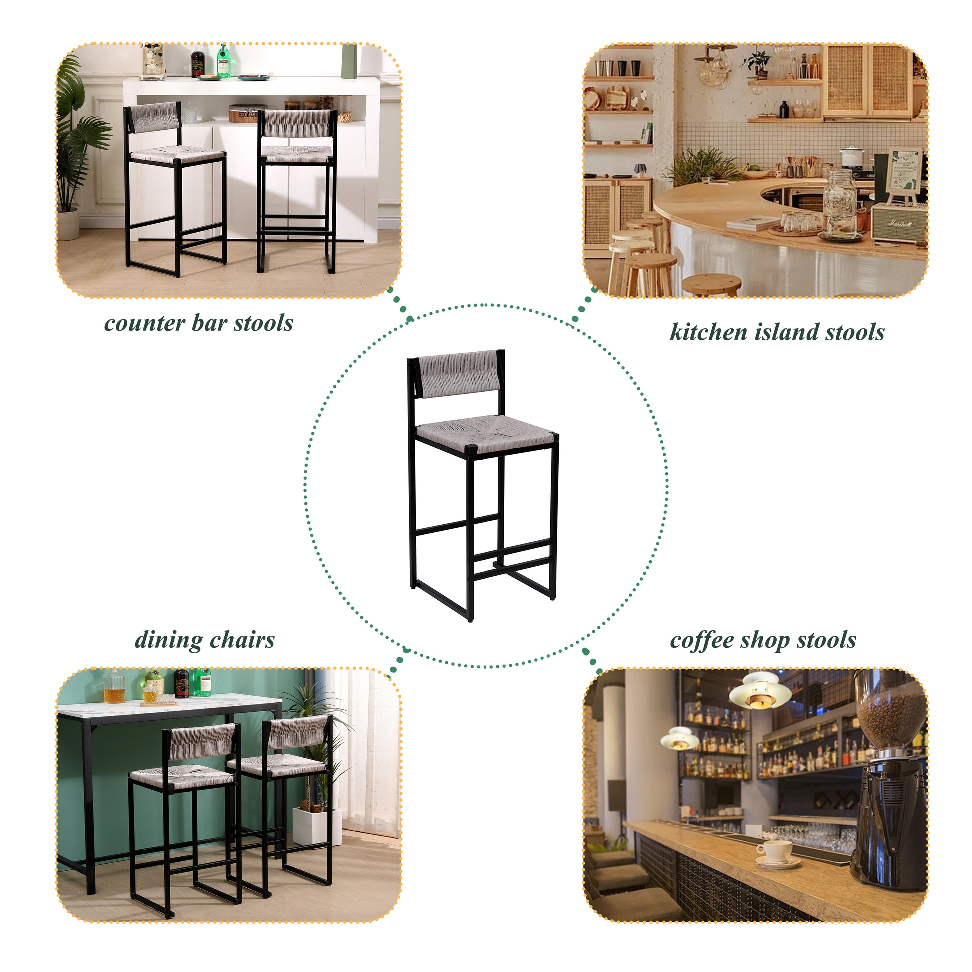 Gray Set of 2 Hand Weave Bar Stools with Back Counter Height Bar Chairs Paper Rope Woven Dining Stool for Kitchen, Home & Office (Gray) image 7