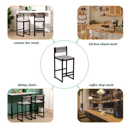 Gray Set of 2 Hand Weave Bar Stools with Back Counter Height Bar Chairs Paper Rope Woven Dining Stool for Kitchen, Home & Office (Gray) image 7