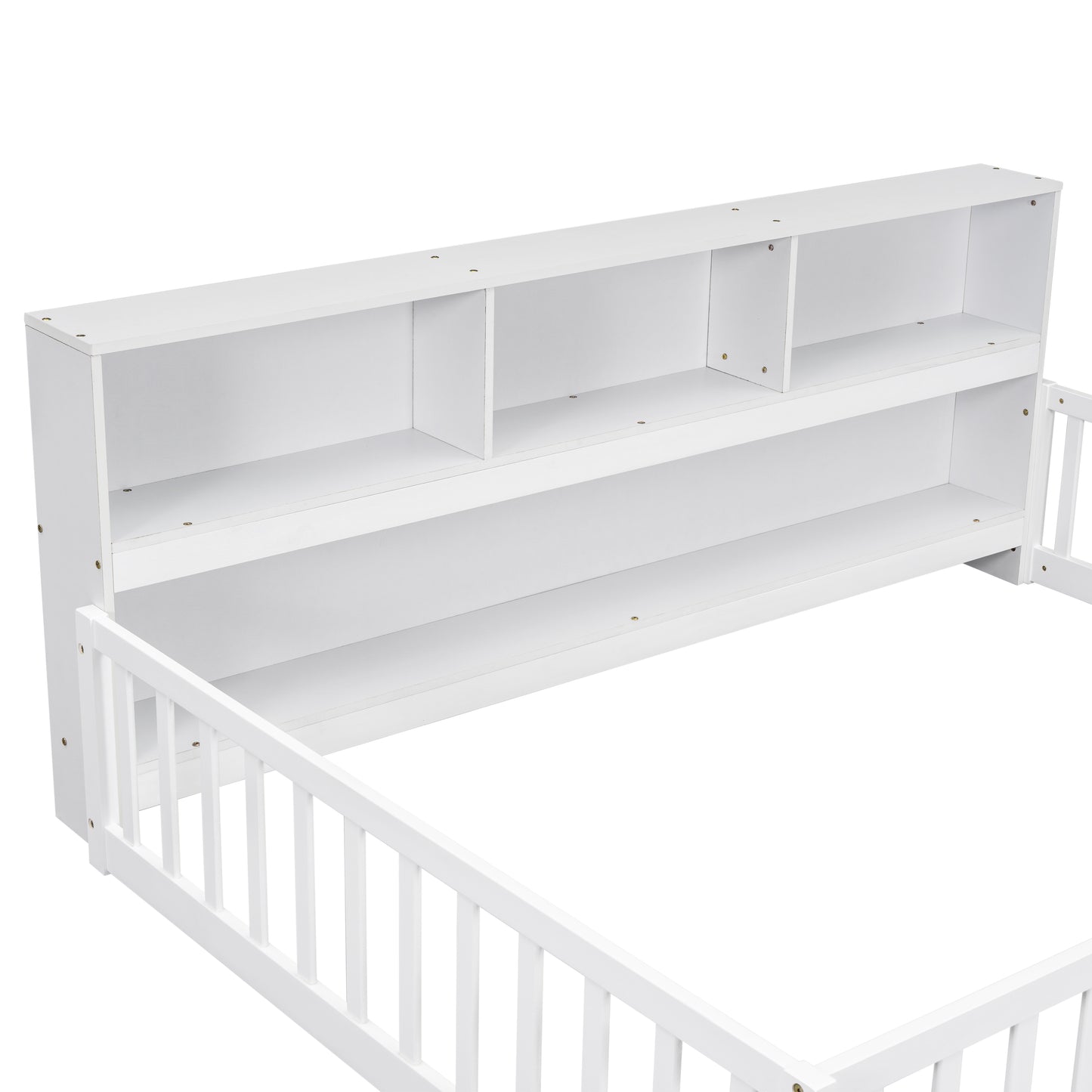Full Floor Bed with Side Bookcase,Shelves,Guardrails,White image 4