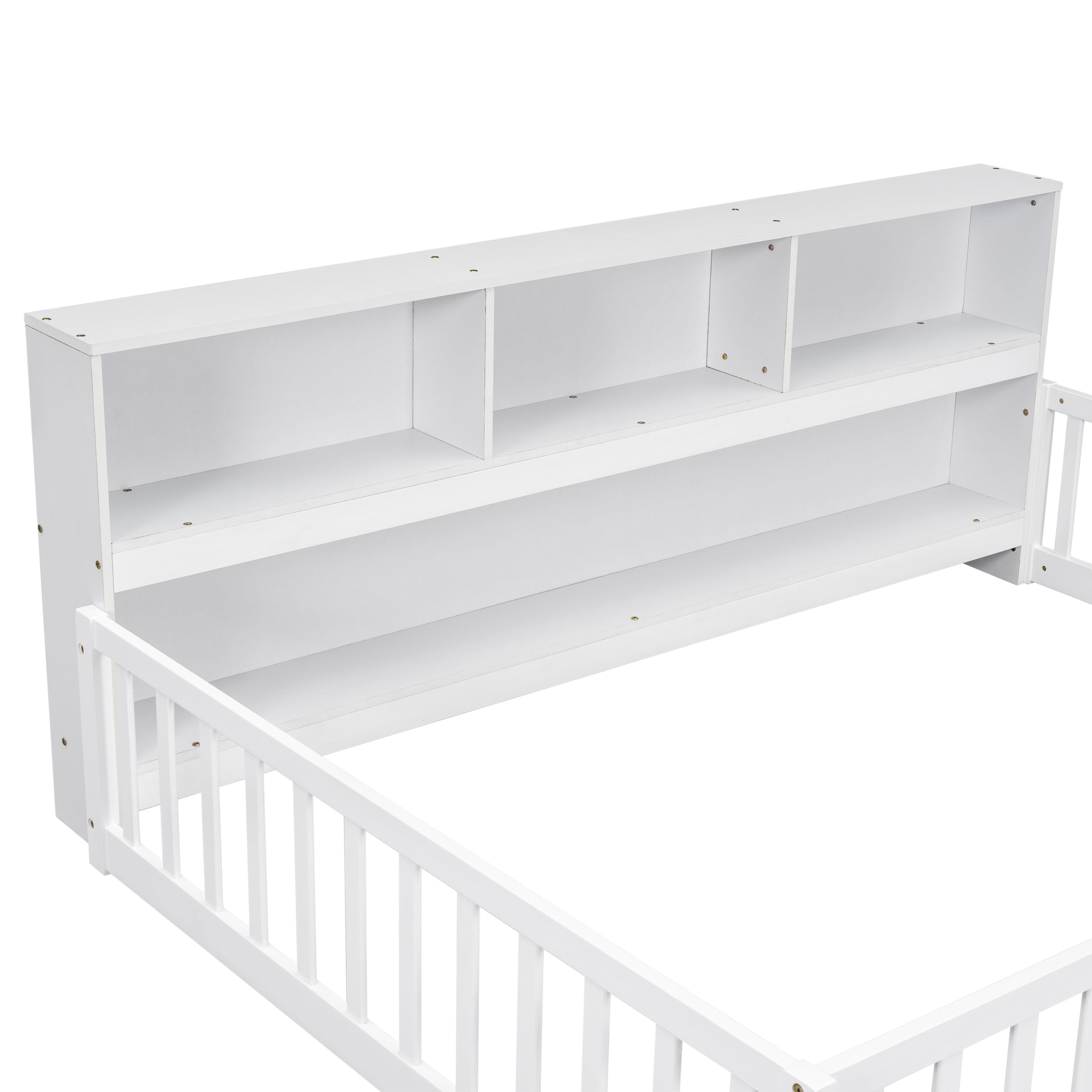 Full Floor Bed with Side Bookcase,Shelves,Guardrails,White image 4