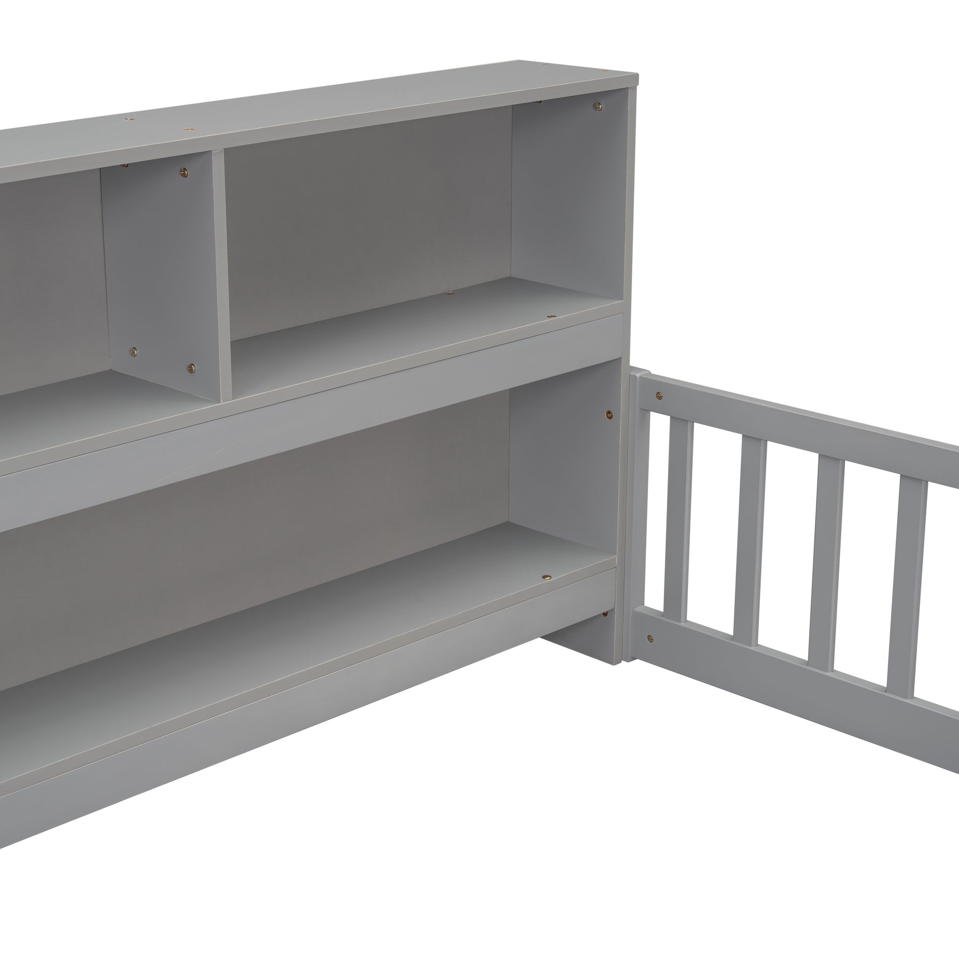 Full Floor Bed with Side Bookcase,Shelves,Guardrails,Grey image 2