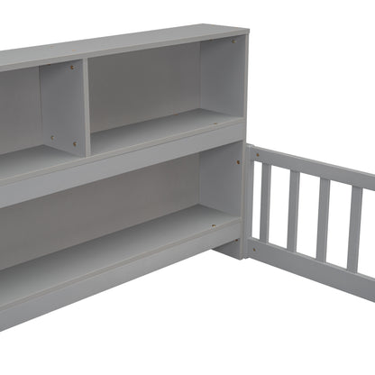 Full Floor Bed with Side Bookcase,Shelves,Guardrails,Grey image 2