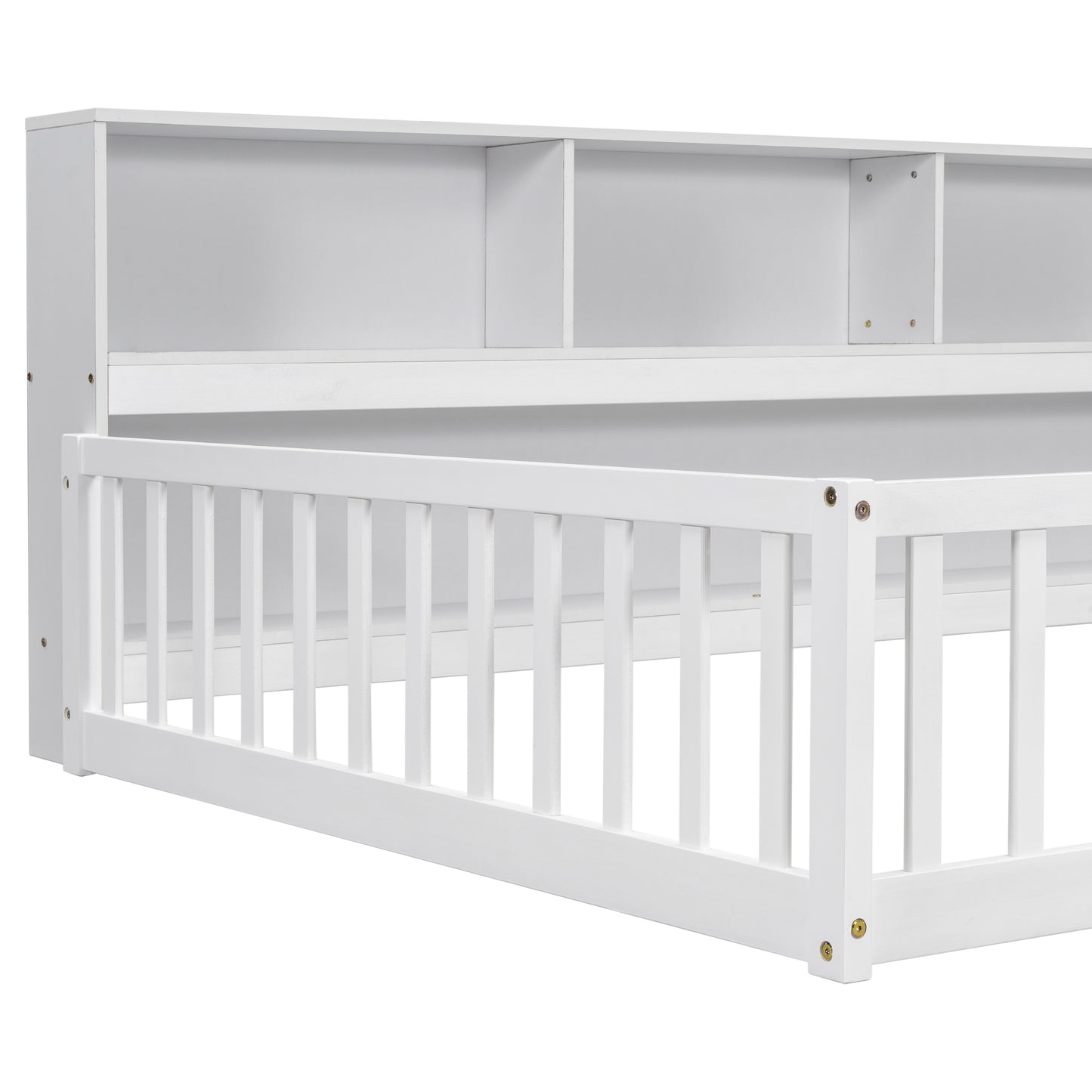 Full Floor Bed with Side Bookcase,Shelves,Guardrails,White image 3