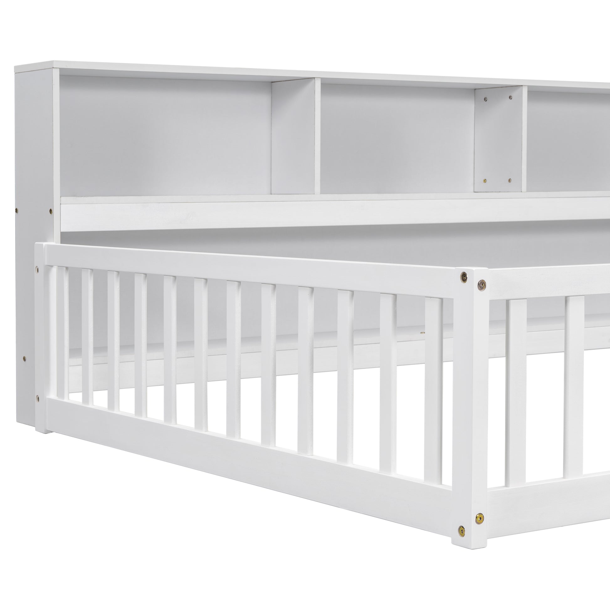 Full Floor Bed with Side Bookcase,Shelves,Guardrails,White image 3