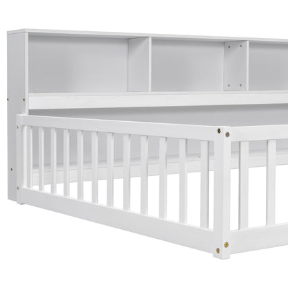 Full Floor Bed with Side Bookcase,Shelves,Guardrails,White image 3
