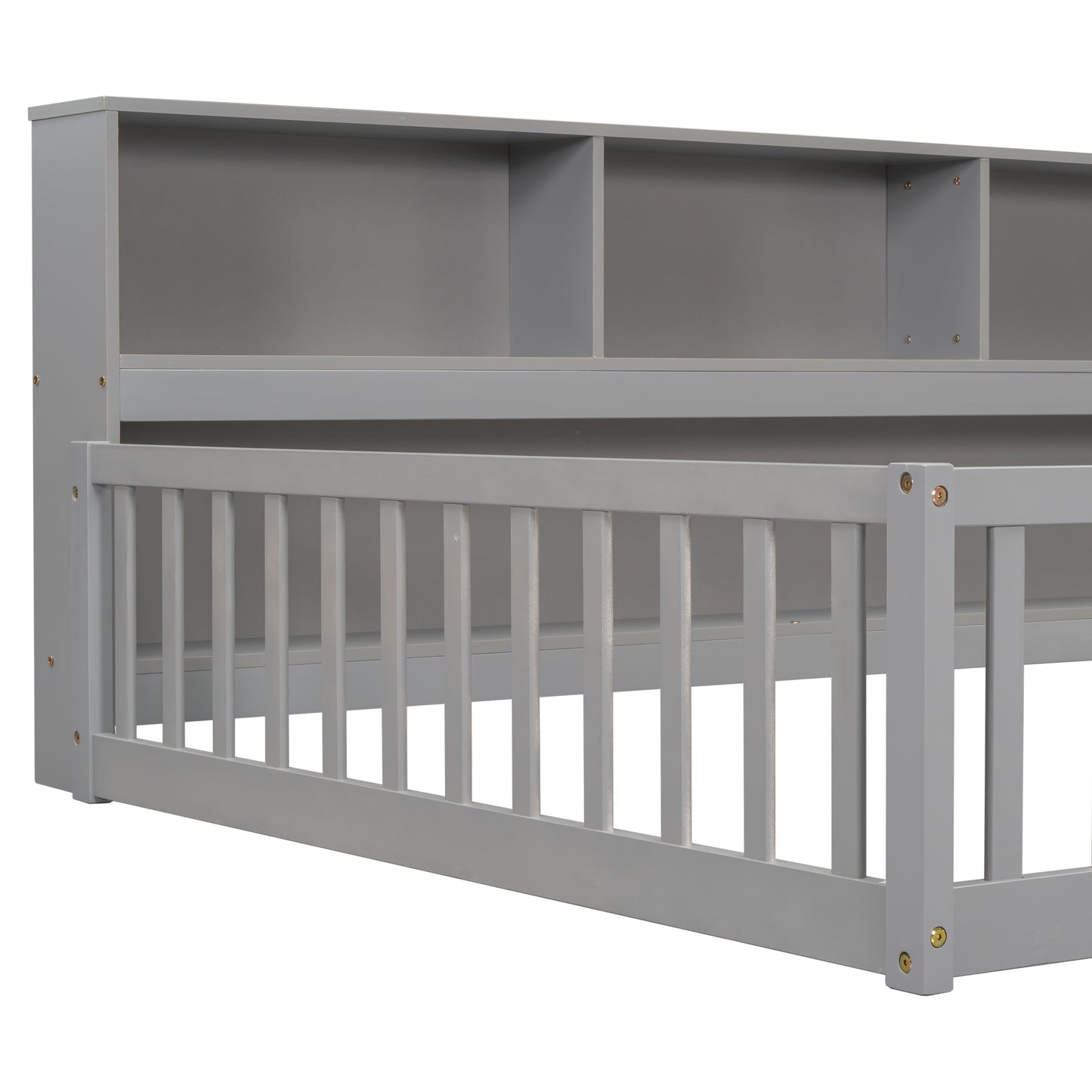 Full Floor Bed with Side Bookcase,Shelves,Guardrails,Grey image 4