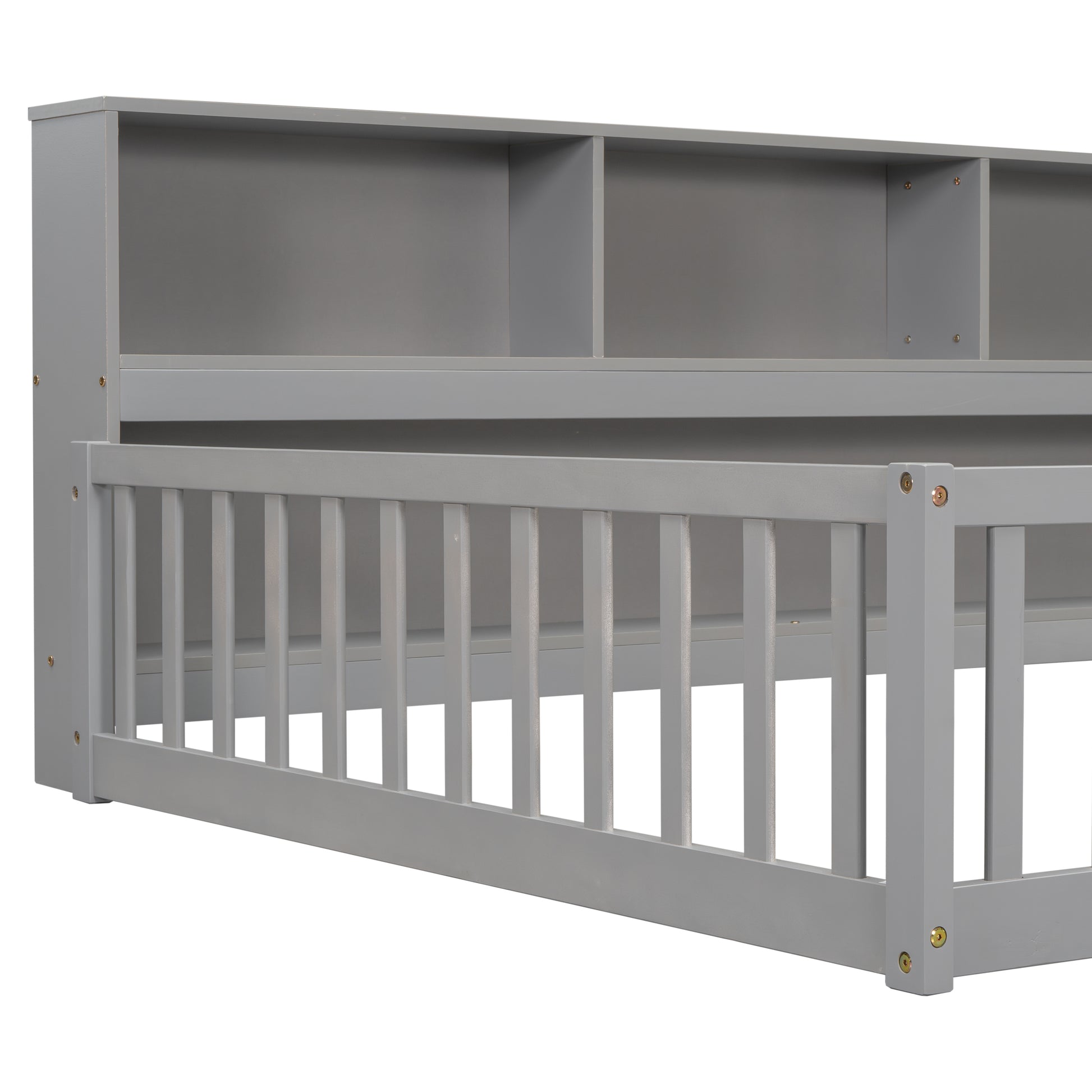 Full Floor Bed with Side Bookcase,Shelves,Guardrails,Grey image 4