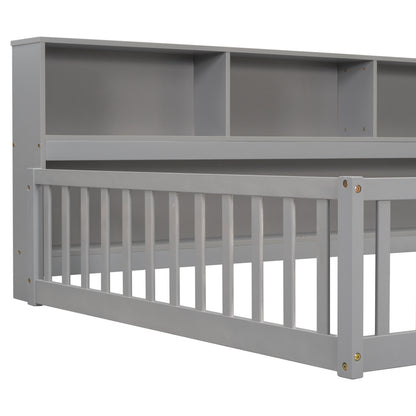 Full Floor Bed with Side Bookcase,Shelves,Guardrails,Grey image 4