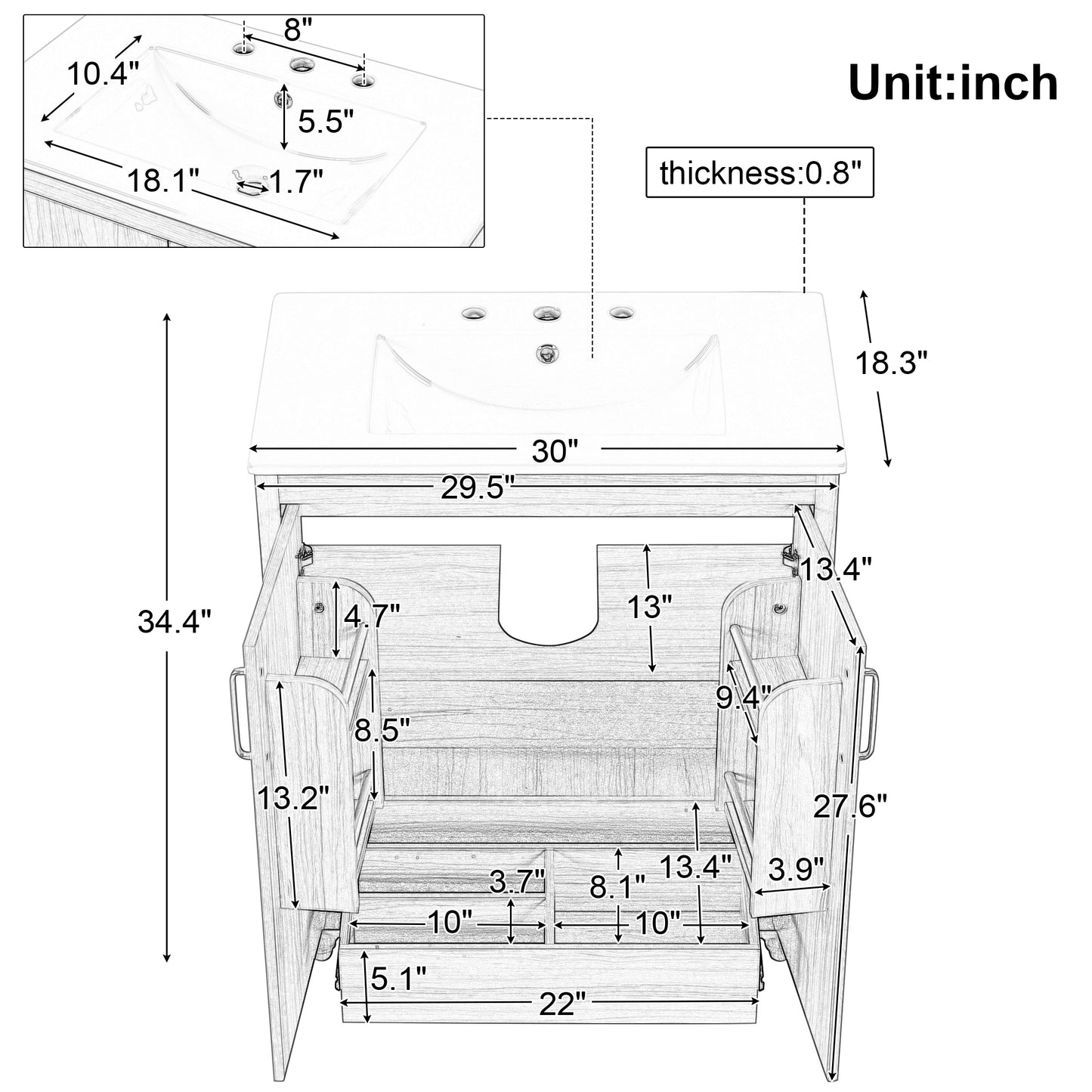 30" Bathroom Vanity with Sink Combo, Multi-functional Bathroom Cabinet with Doors and Drawer, MDF Board, Natural(Old SKU:WF319484AAG) image 12