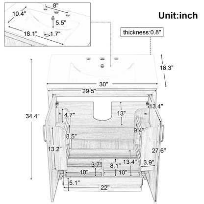 30" Bathroom Vanity with Sink Combo, Multi-functional Bathroom Cabinet with Doors and Drawer, MDF Board, Natural(Old SKU:WF319484AAG) image 12