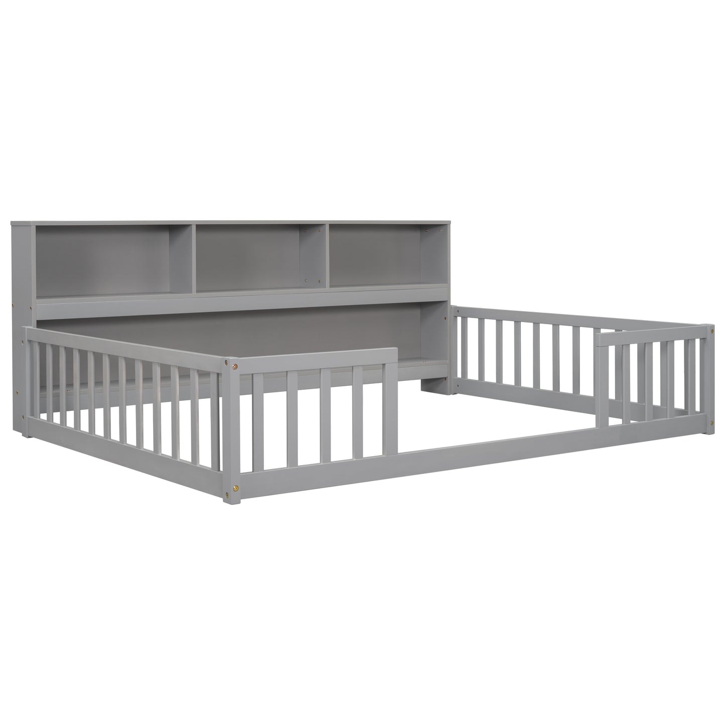Full Floor Bed with Side Bookcase,Shelves,Guardrails,Grey image 3