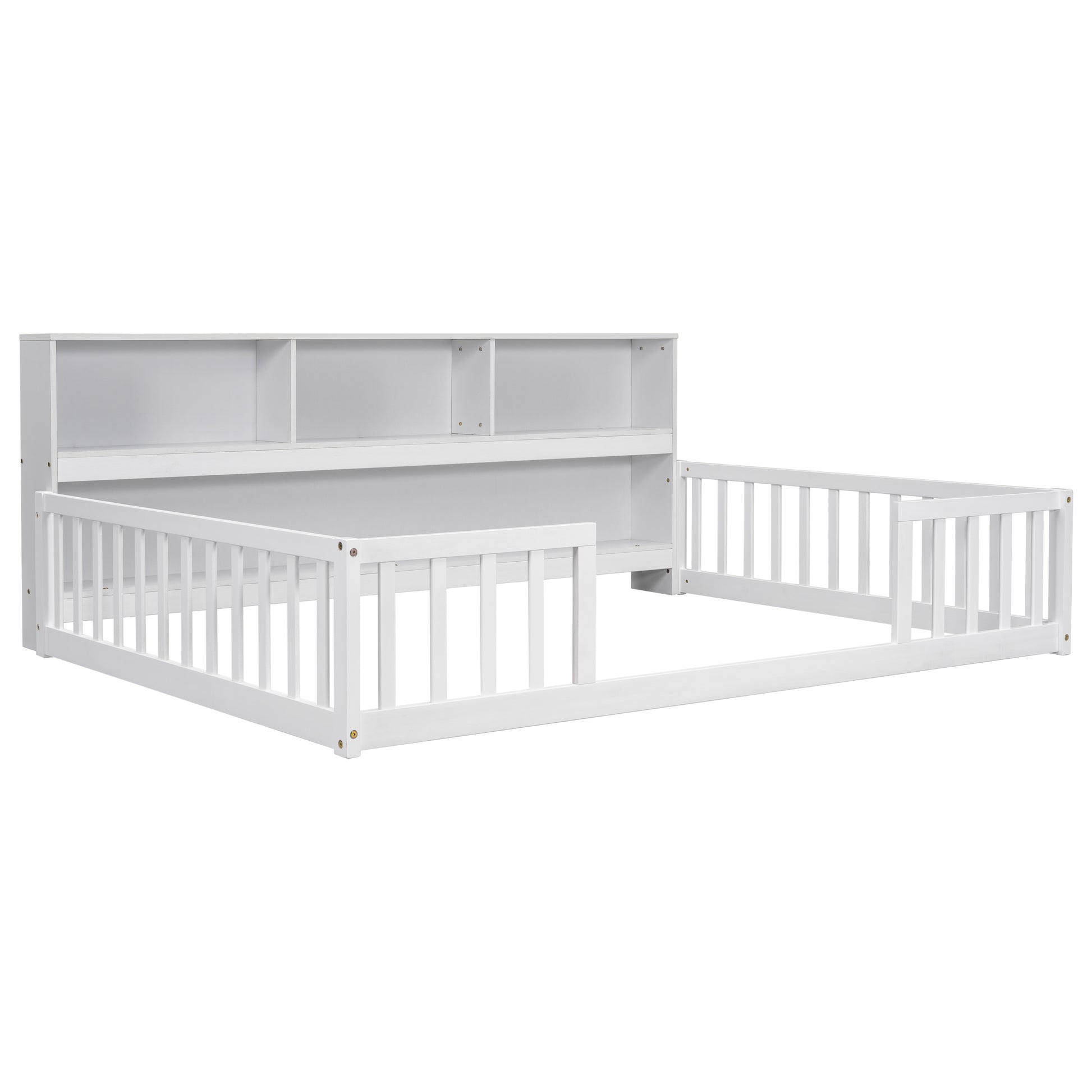 Full Floor Bed with Side Bookcase,Shelves,Guardrails,White image 2