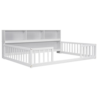 Full Floor Bed with Side Bookcase,Shelves,Guardrails,White image 2