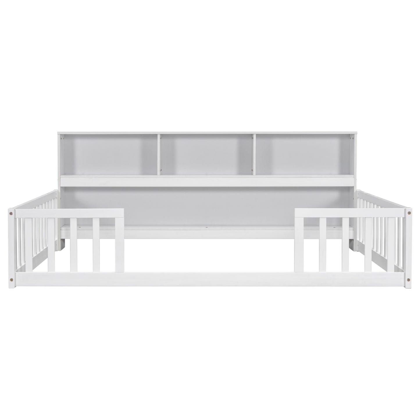 Full Floor Bed with Side Bookcase,Shelves,Guardrails,White image 6