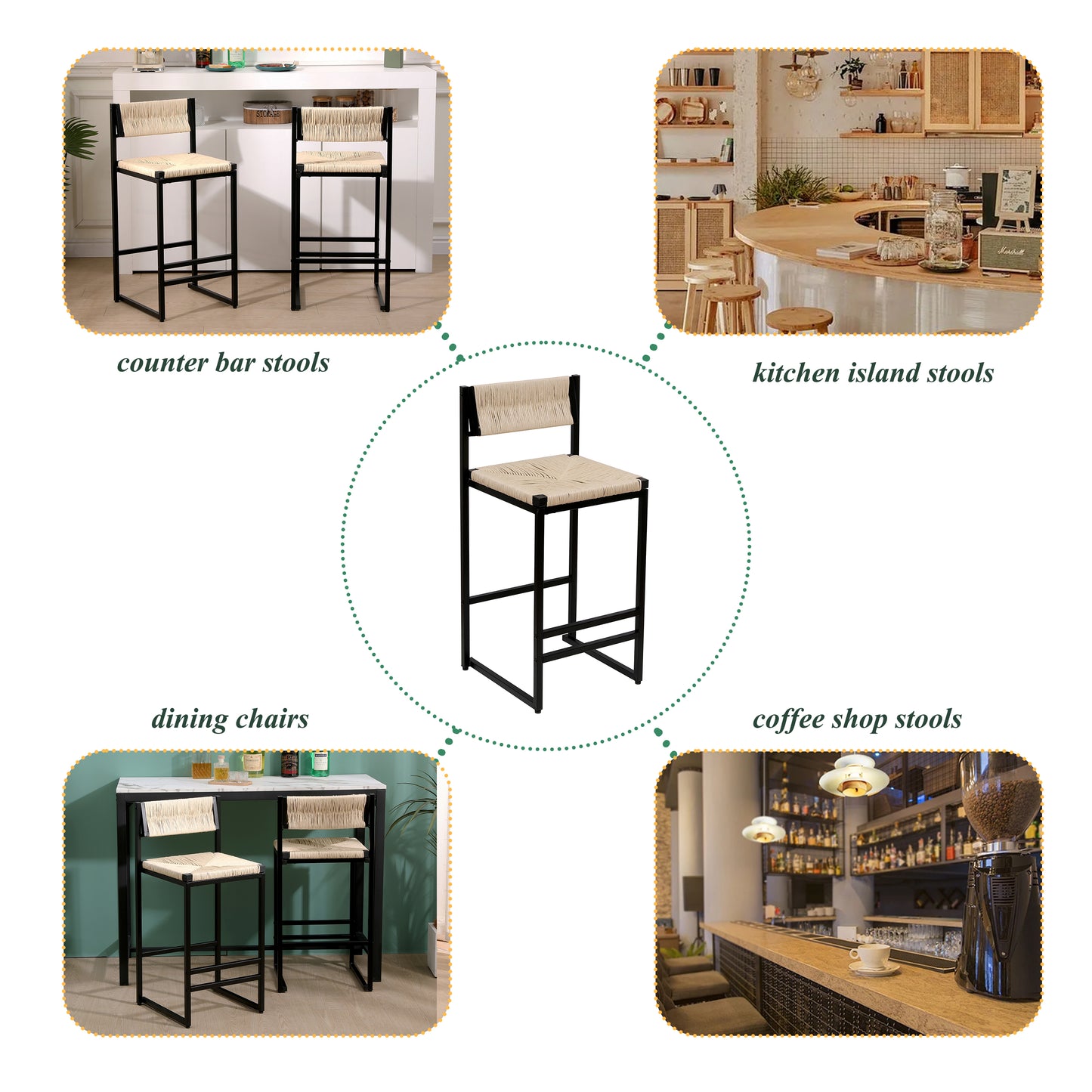 Creamy White Paper Rope Woven Bar Stools Set of 2 Hand Weave Counter Stool with footrest for Kitchen Island, Dining Room (Creamy White) image 7