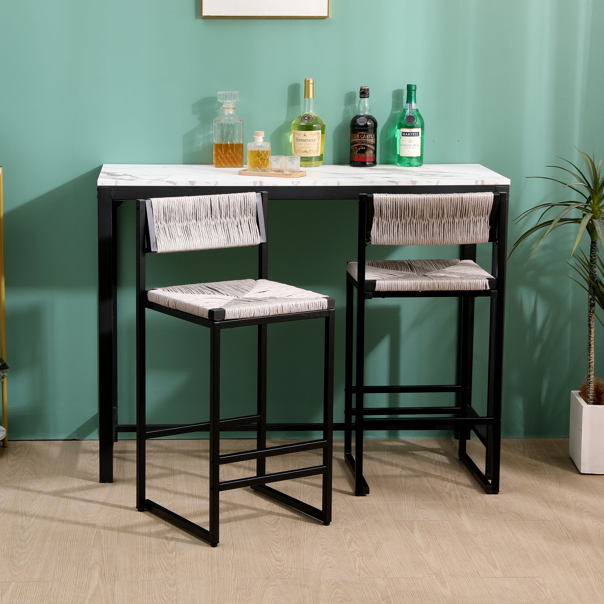 Gray Set of 2 Hand Weave Bar Stools with Back Counter Height Bar Chairs Paper Rope Woven Dining Stool for Kitchen, Home & Office (Gray) image 4