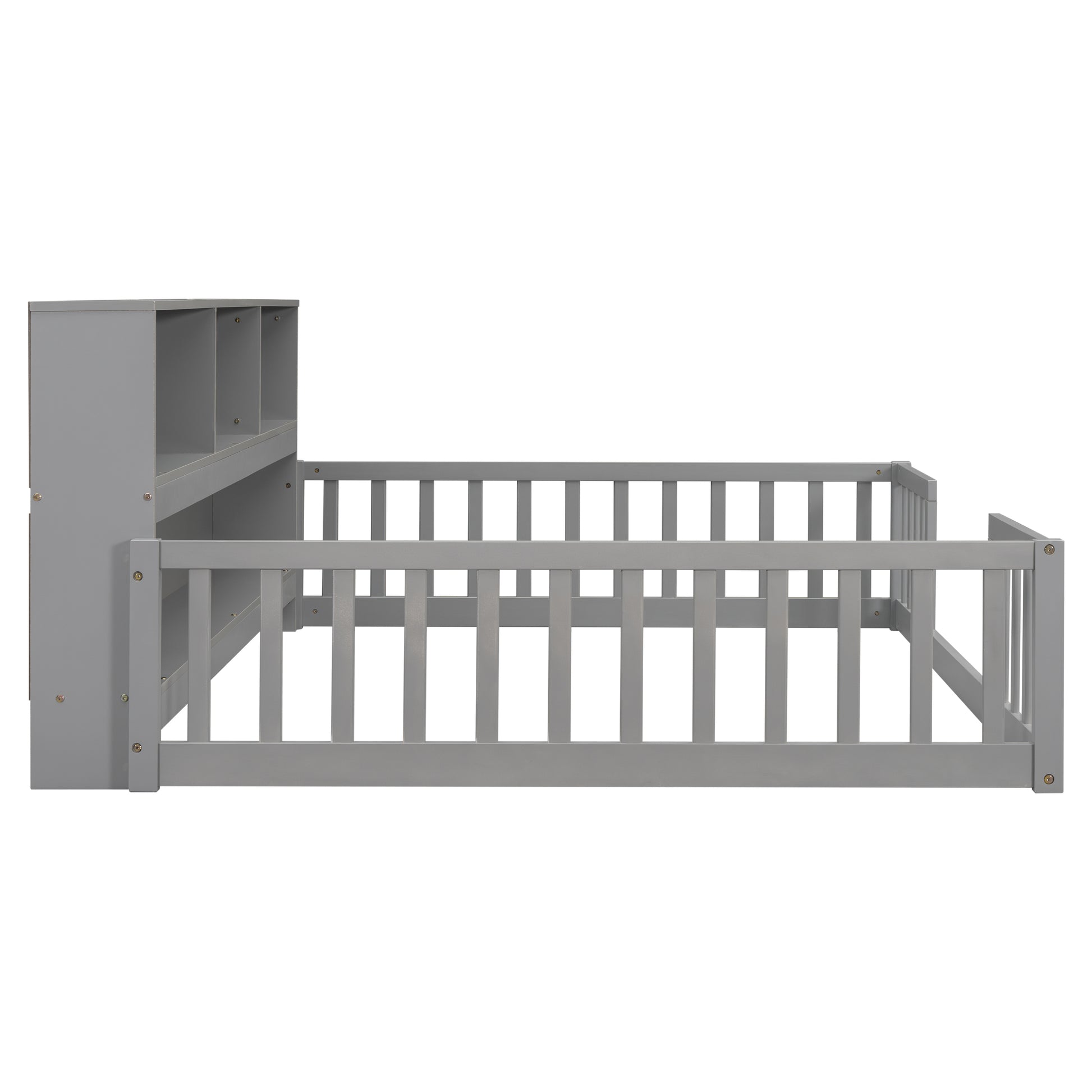 Full Floor Bed with Side Bookcase,Shelves,Guardrails,Grey image 7