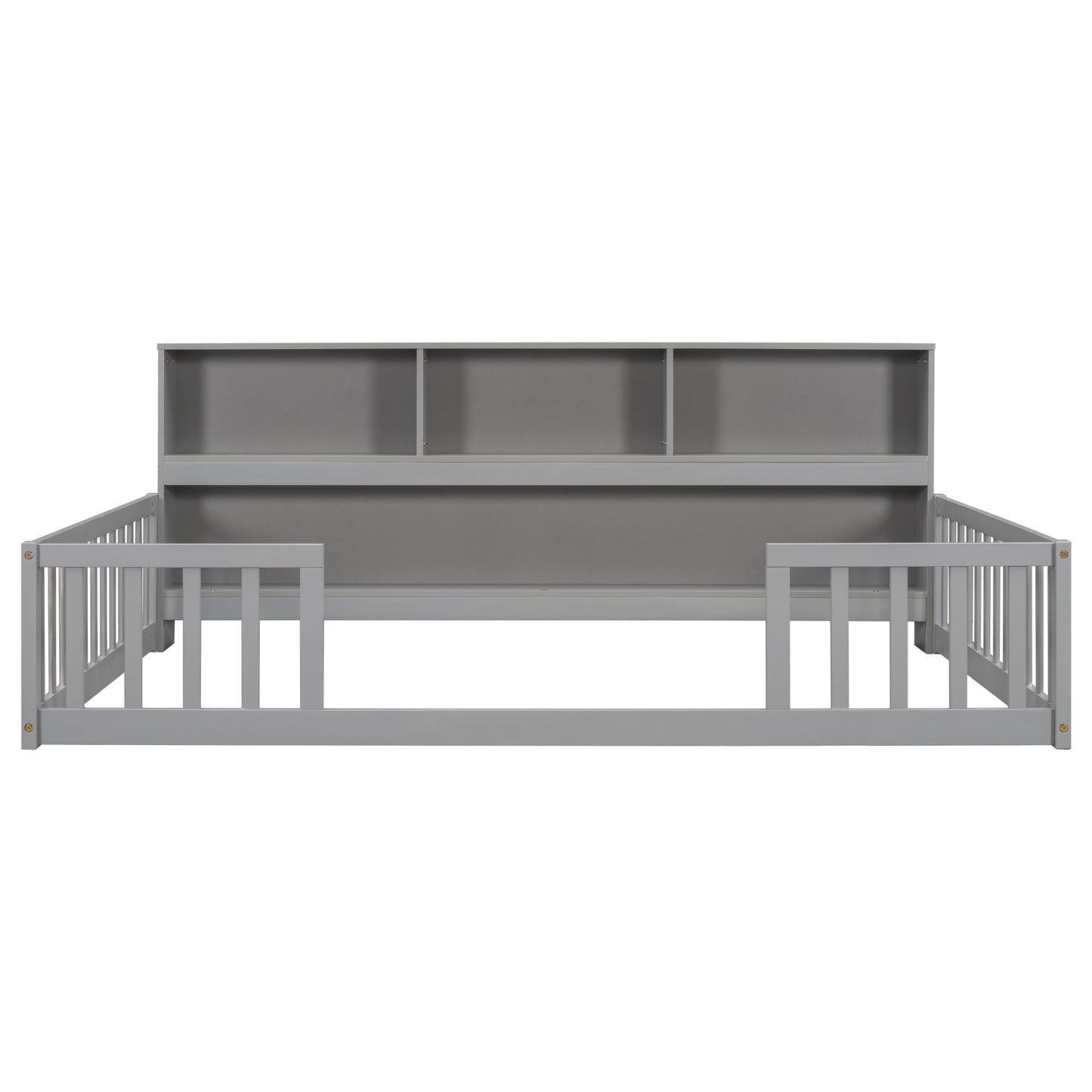 Full Floor Bed with Side Bookcase,Shelves,Guardrails,Grey image 8