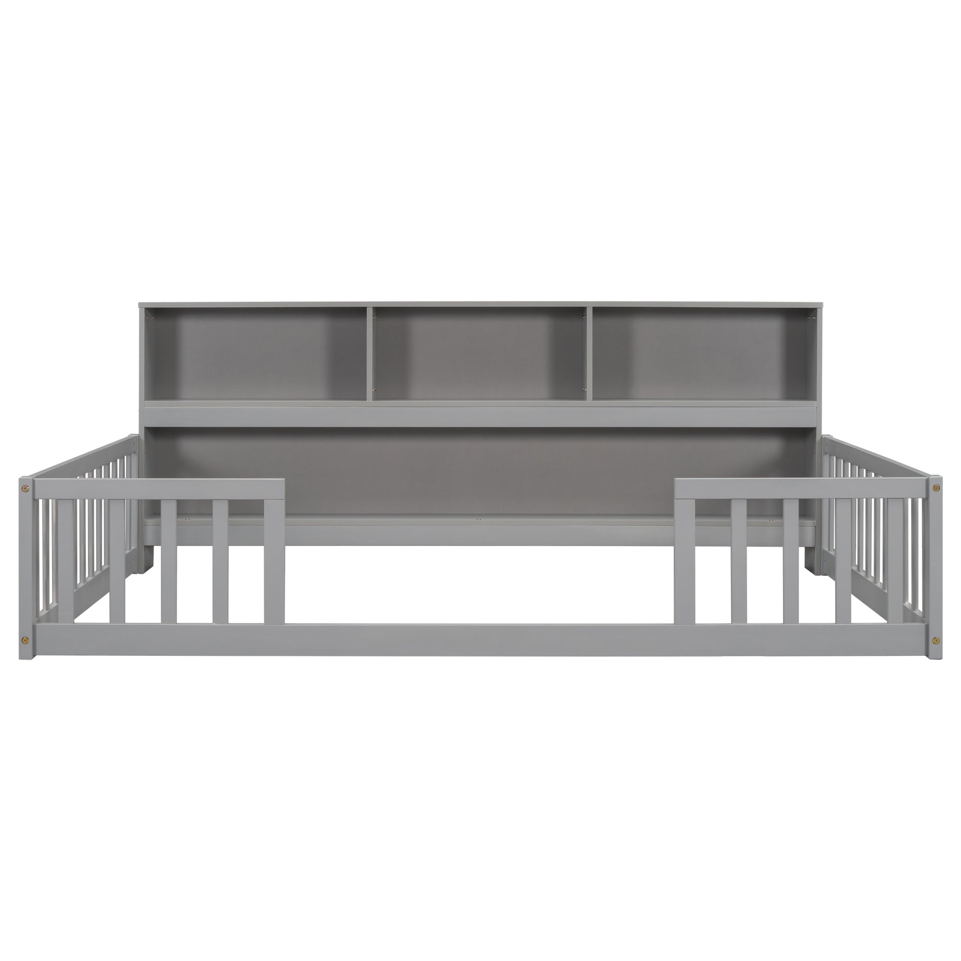 Full Floor Bed with Side Bookcase,Shelves,Guardrails,Grey image 8