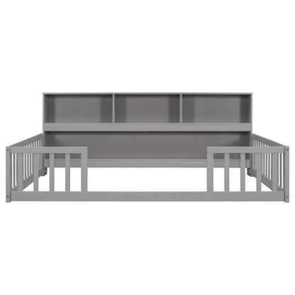 Full Floor Bed with Side Bookcase,Shelves,Guardrails,Grey image 8