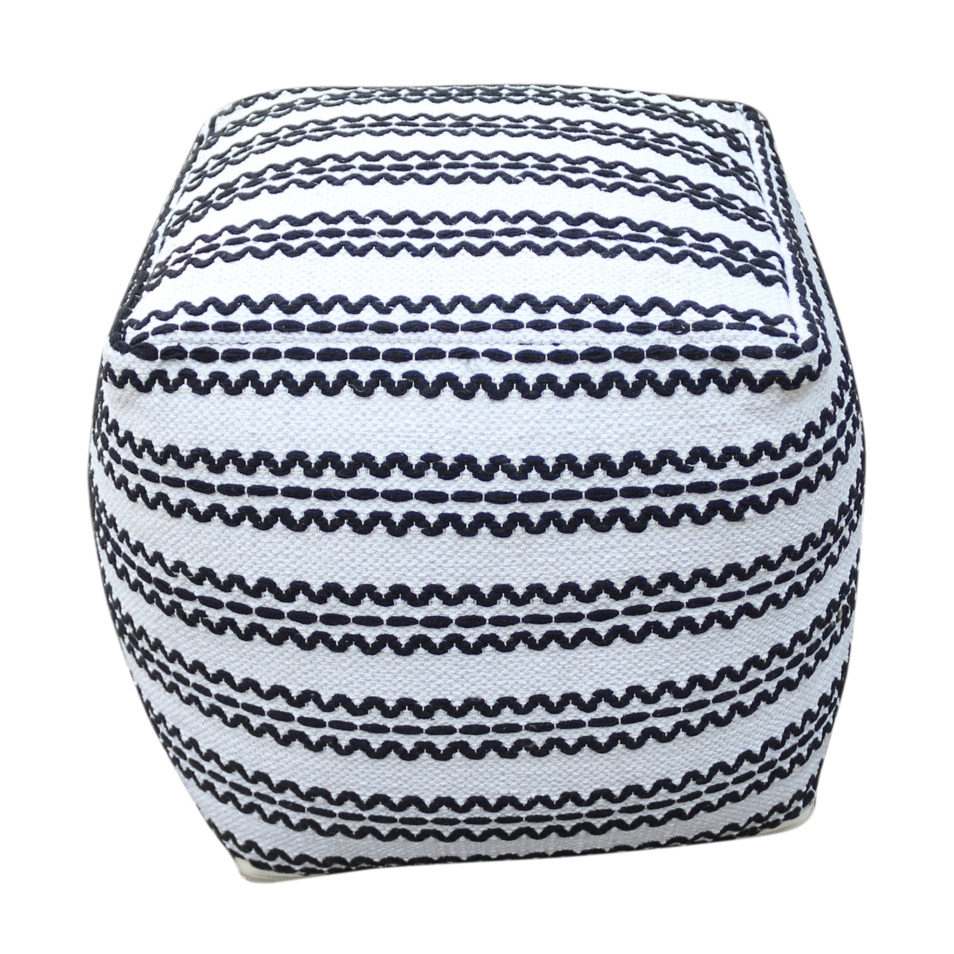 Lani Handcrafted Fabric Pouf, Natural with Black image 3