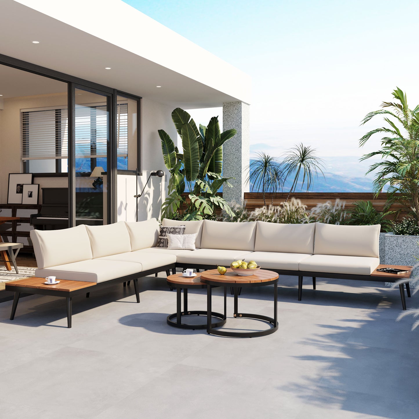 TREXM 6-Piece Outdoor Sectional Sofa Set with Round Nesting Coffee Tables and Seating Sofa with Cushions for Patio, Porch and Garden (Beige) image 1