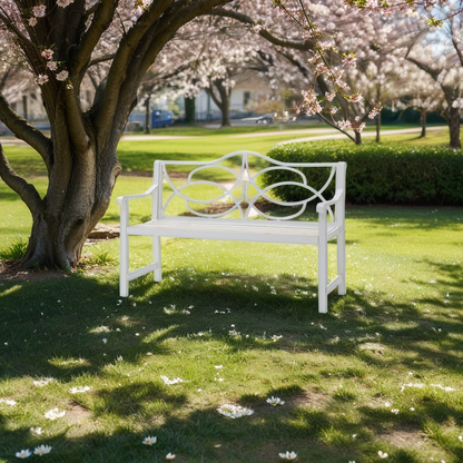 Outdoor Garden Patio Bench,Iron Metal Steel Frame Park Bench with Backrest and Armrest, Slatted Seat for Park, Yard & Porch, Balcony, Accommodates 2-3 People,White image 1