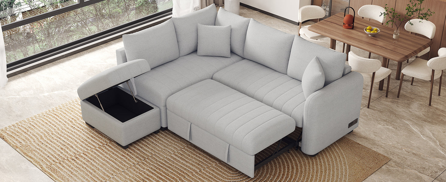 82.6" L-shaped Sectional Pull Out Sofa Bed Sleeper Sofa with Two USB Ports, Two Power Sockets and a Movable Storage Ottoman, Gray image 10