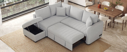 82.6" L-shaped Sectional Pull Out Sofa Bed Sleeper Sofa with Two USB Ports, Two Power Sockets and a Movable Storage Ottoman, Gray image 10