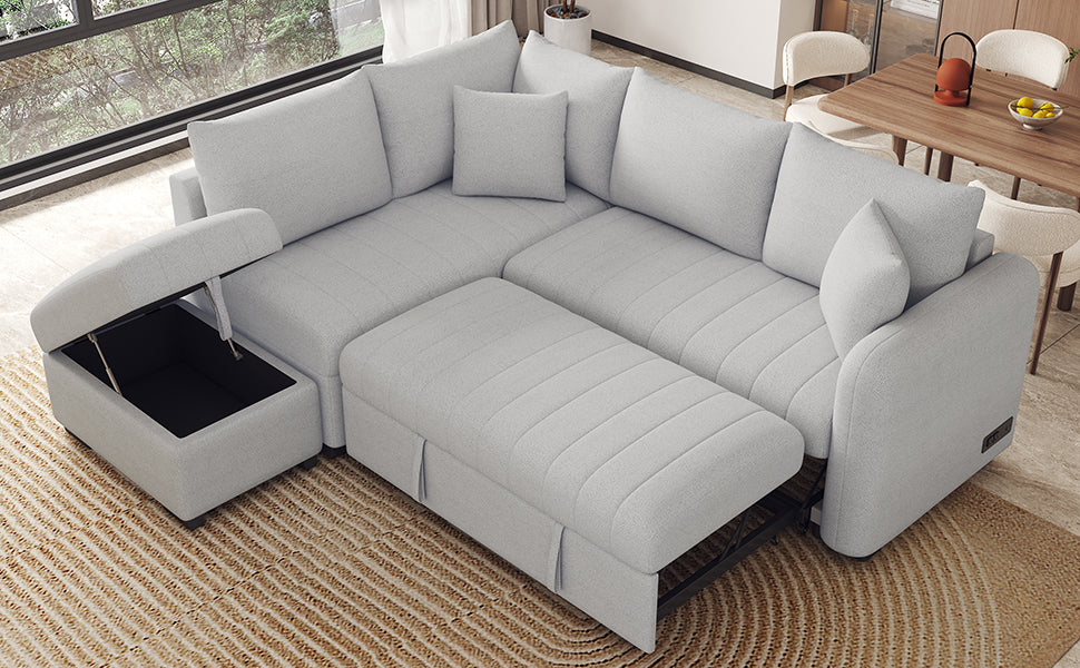 82.6" L-shaped Sectional Pull Out Sofa Bed Sleeper Sofa with Two USB Ports, Two Power Sockets and a Movable Storage Ottoman, Gray image 12