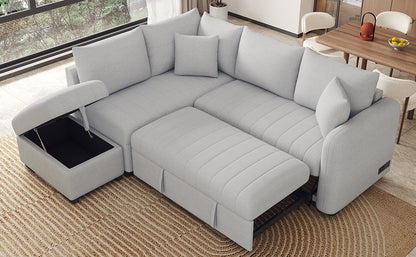 82.6" L-shaped Sectional Pull Out Sofa Bed Sleeper Sofa with Two USB Ports, Two Power Sockets and a Movable Storage Ottoman, Gray image 12
