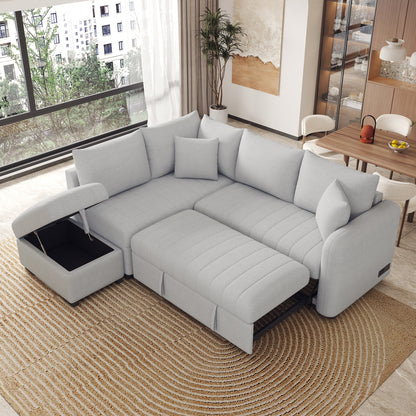 82.6" L-shaped Sectional Pull Out Sofa Bed Sleeper Sofa with Two USB Ports, Two Power Sockets and a Movable Storage Ottoman, Gray image 1