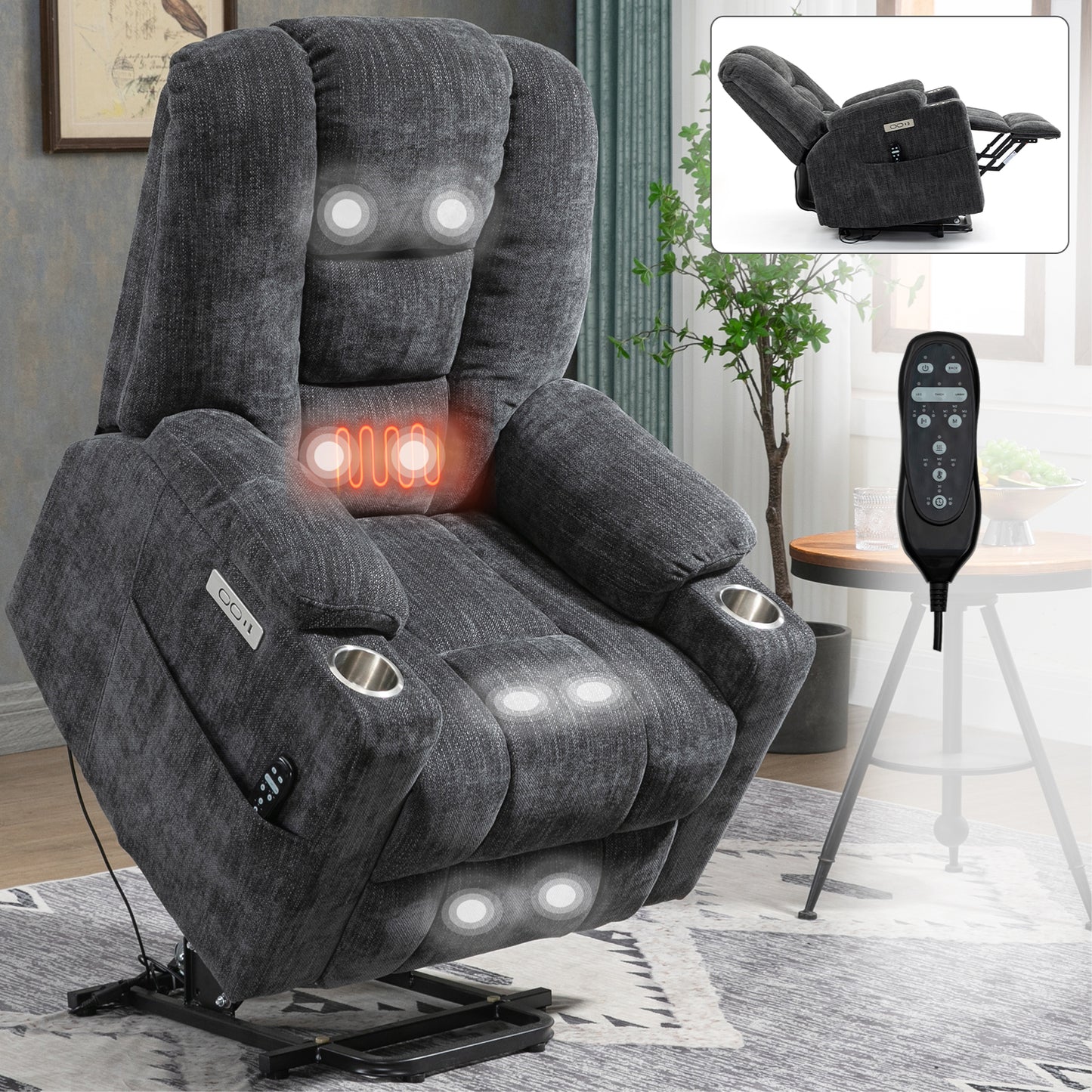 EMON'S Large Power Lift Recliner Chair with Massage and Heat for Elderly, Overstuffed Wide Recliners, Heavy Duty Motion Mechanism with USB and Type C Ports, 2 Steel Cup Holders, Gray image 1