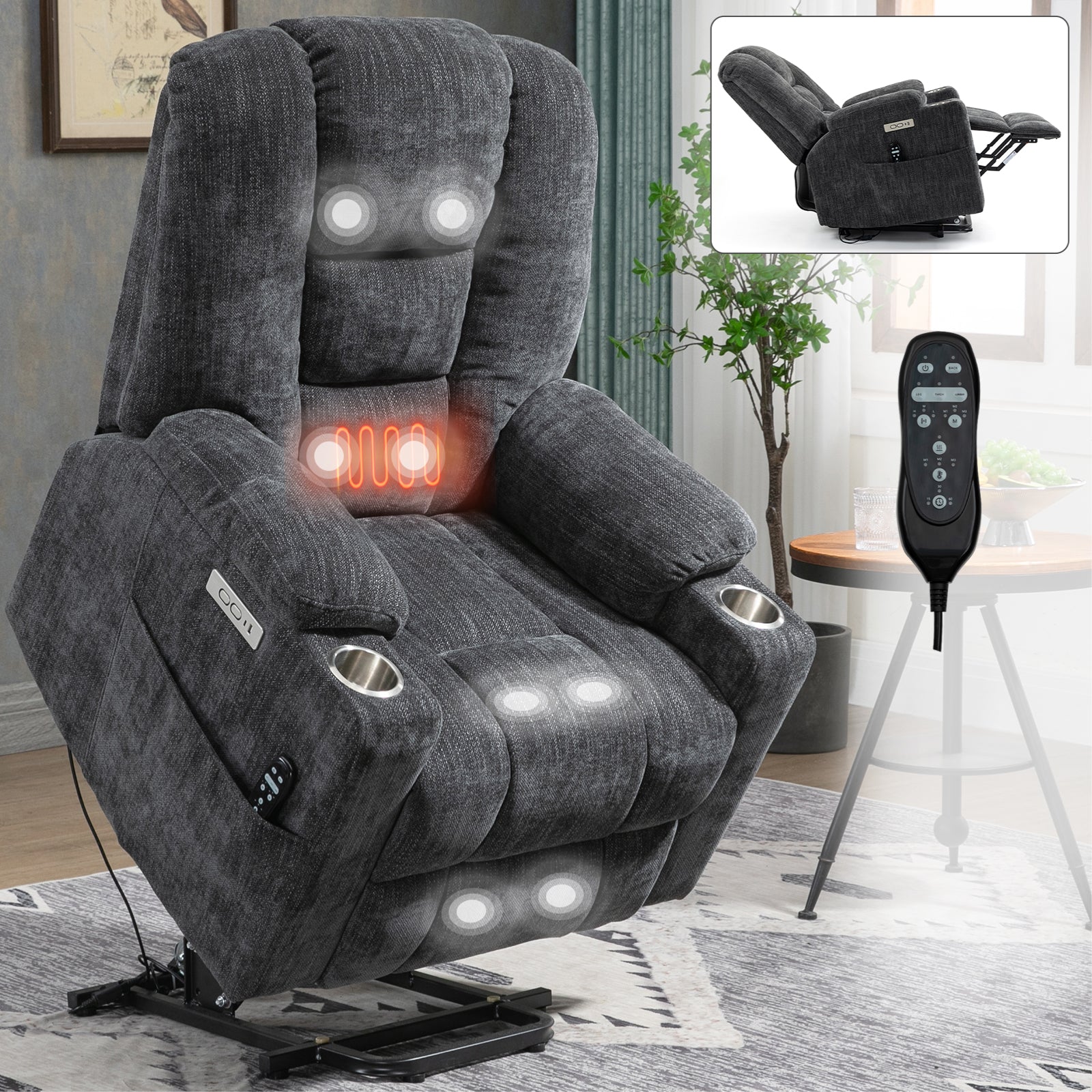 EMON'S Large Power Lift Recliner Chair with Massage and Heat for Elderly, Overstuffed Wide Recliners, Heavy Duty Motion Mechanism with USB and Type C Ports, 2 Steel Cup Holders, Gray image 1