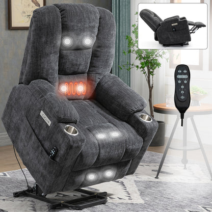 EMON'S Large Power Lift Recliner Chair with Massage and Heat for Elderly, Overstuffed Wide Recliners, Heavy Duty Motion Mechanism with USB and Type C Ports, 2 Steel Cup Holders, Gray image 1
