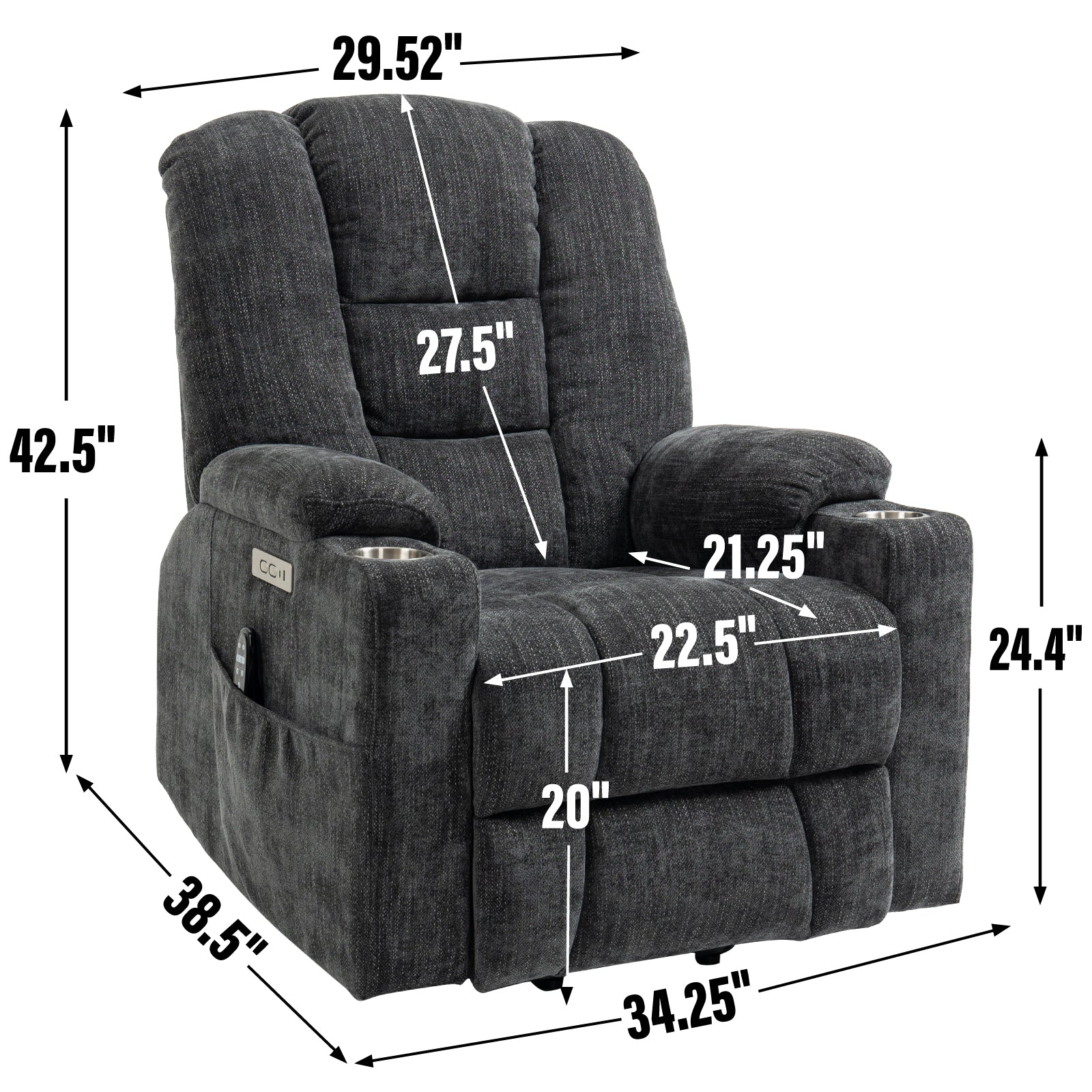 EMON'S Large Power Lift Recliner Chair with Massage and Heat for Elderly, Overstuffed Wide Recliners, Heavy Duty Motion Mechanism with USB and Type C Ports, 2 Steel Cup Holders, Gray image 3