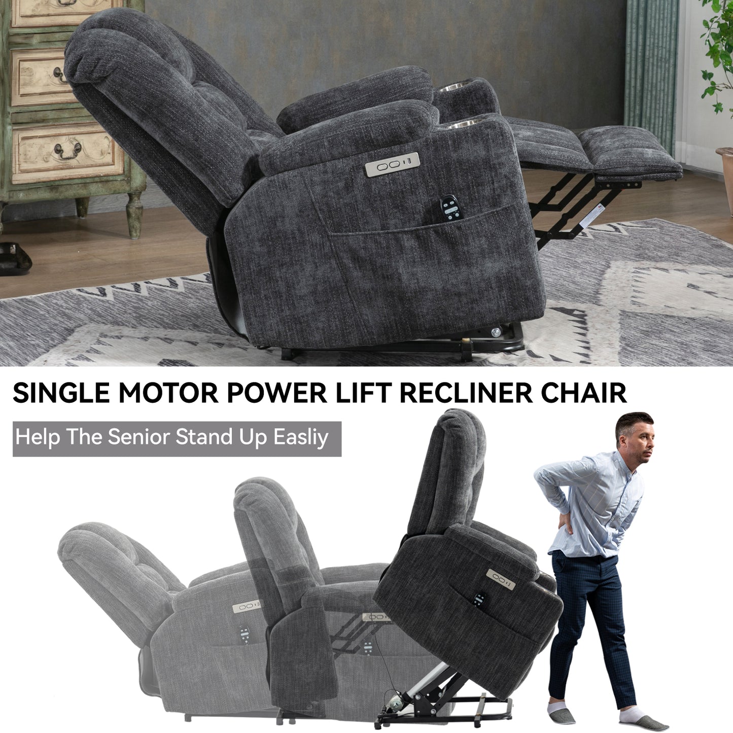 EMON'S Large Power Lift Recliner Chair with Massage and Heat for Elderly, Overstuffed Wide Recliners, Heavy Duty Motion Mechanism with USB and Type C Ports, 2 Steel Cup Holders, Gray image 12