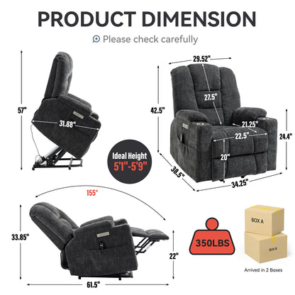 EMON'S Large Power Lift Recliner Chair with Massage and Heat for Elderly, Overstuffed Wide Recliners, Heavy Duty Motion Mechanism with USB and Type C Ports, 2 Steel Cup Holders, Gray image 2