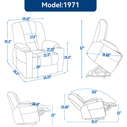 EMON'S Large Power Lift Recliner Chair with Massage and Heat for Elderly, Overstuffed Wide Recliners, Heavy Duty Motion Mechanism with USB and Type C Ports, 2 Steel Cup Holders, Gray image 6
