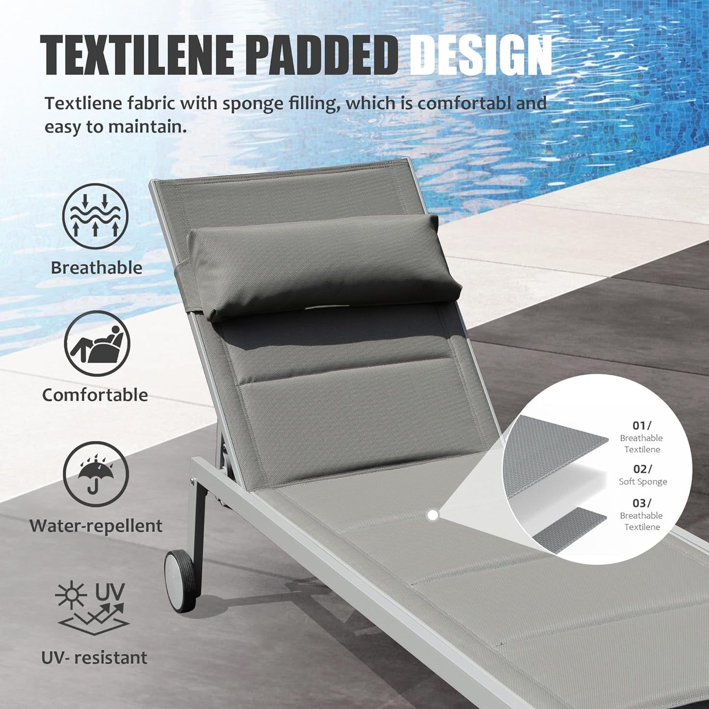 Outdoor Patio Chaise Lounge Set of 3, Aluminum Pool Lounge Chairs with Side Table and Wheels, Textilene Padded Adjustable Recliner All Weather for Poolside, Beach, Yard, Balcony (Gray) image 4