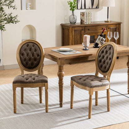French Style Solid Wood Frame Antique Painting,Hand-pulled buckle decoration PU artificial leather Dining Chair with Nailhead Trim,Wood Legs,Density Foam,Steel Spring inner,Set of 2,Brown,SW1839BR image 1