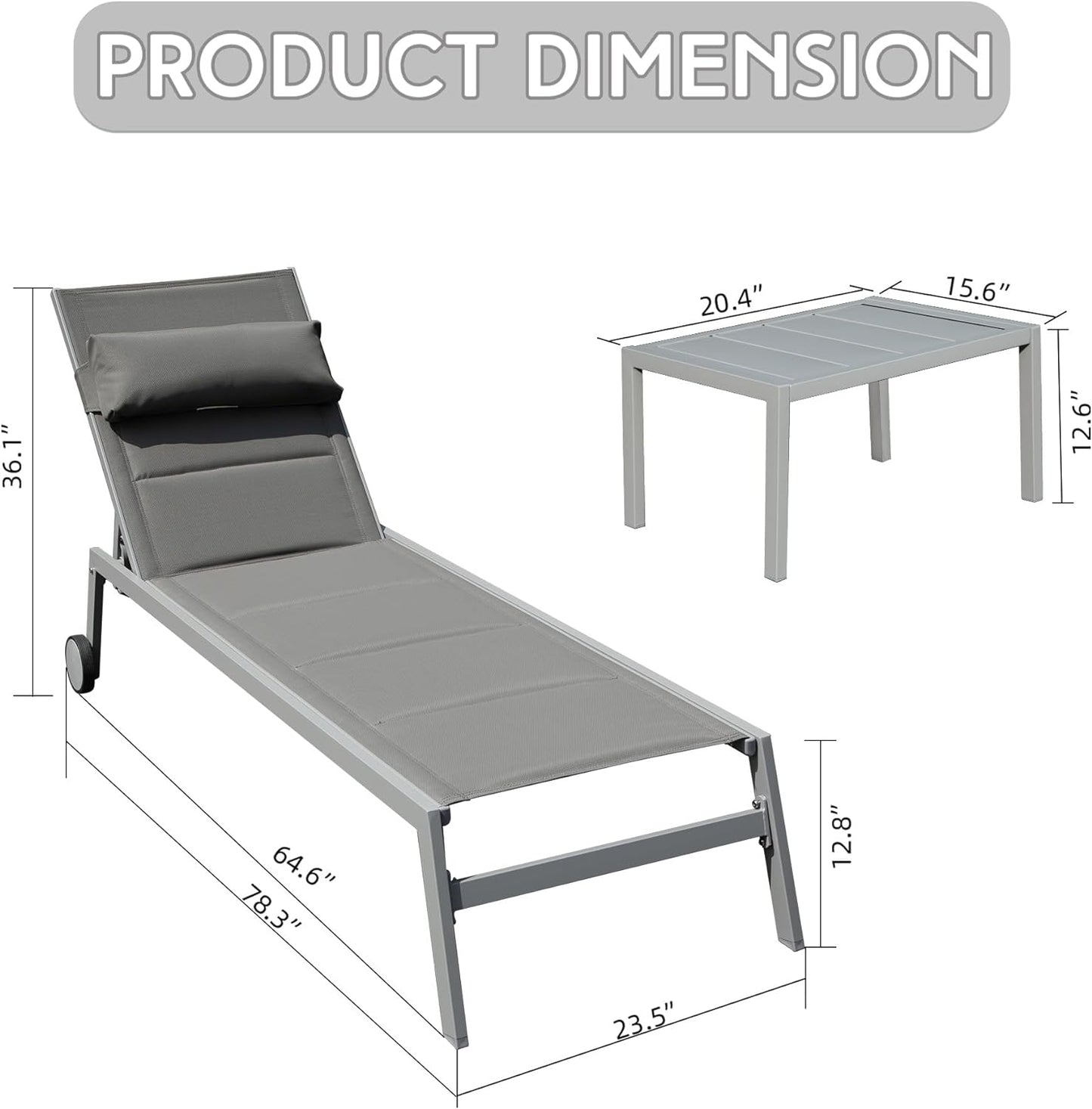 Outdoor Patio Chaise Lounge Set of 3, Aluminum Pool Lounge Chairs with Side Table and Wheels, Textilene Padded Adjustable Recliner All Weather for Poolside, Beach, Yard, Balcony (Gray) image 6