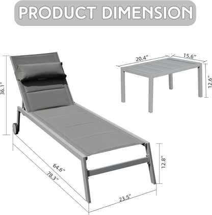 Outdoor Patio Chaise Lounge Set of 3, Aluminum Pool Lounge Chairs with Side Table and Wheels, Textilene Padded Adjustable Recliner All Weather for Poolside, Beach, Yard, Balcony (Gray) image 6
