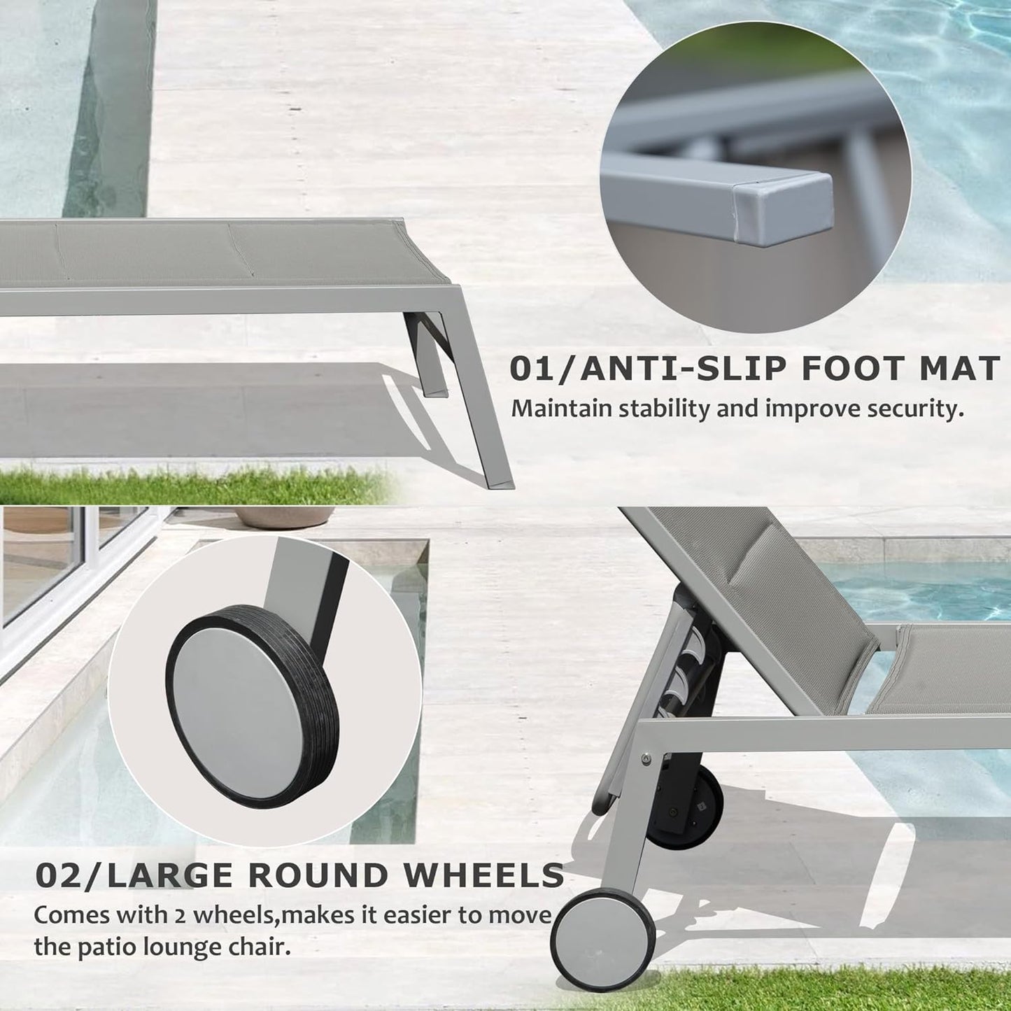 Outdoor Patio Chaise Lounge Set of 3, Aluminum Pool Lounge Chairs with Side Table and Wheels, Textilene Padded Adjustable Recliner All Weather for Poolside, Beach, Yard, Balcony (Gray) image 3