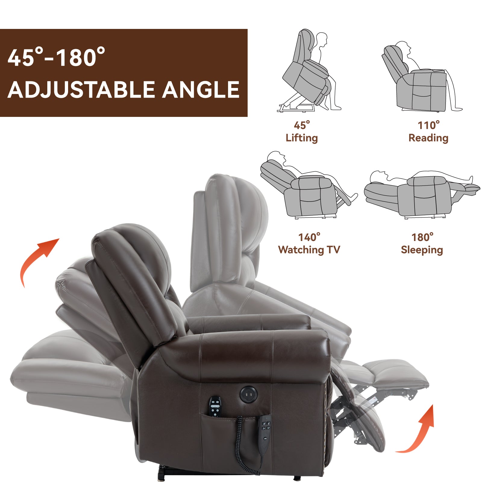 Power Lift Recliner Chair Heat Massage Dual Motor Infinite Position Up to 350 LBS, Genuine Leather, Heavy Duty Motion Mechanism with USB Ports, Brown image 12
