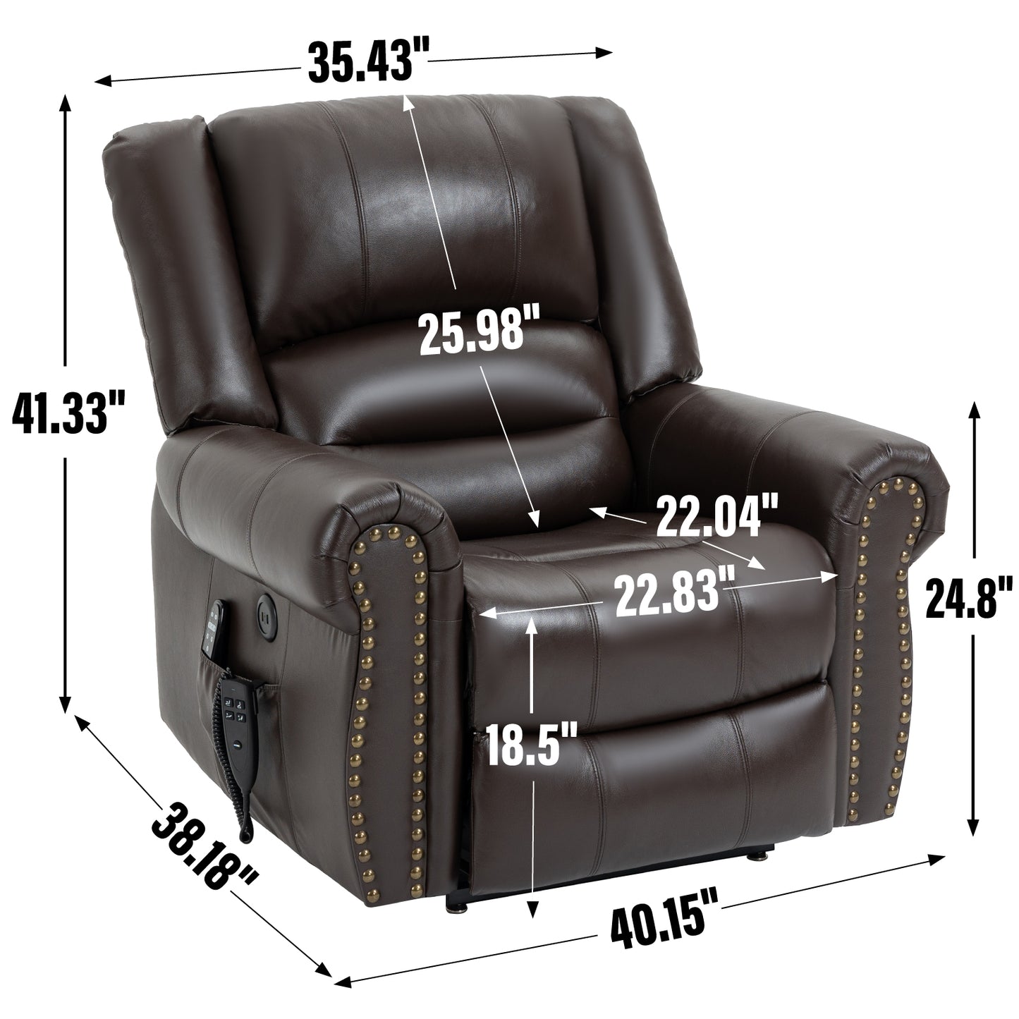 Power Lift Recliner Chair Heat Massage Dual Motor Infinite Position Up to 350 LBS, Genuine Leather, Heavy Duty Motion Mechanism with USB Ports, Brown image 3