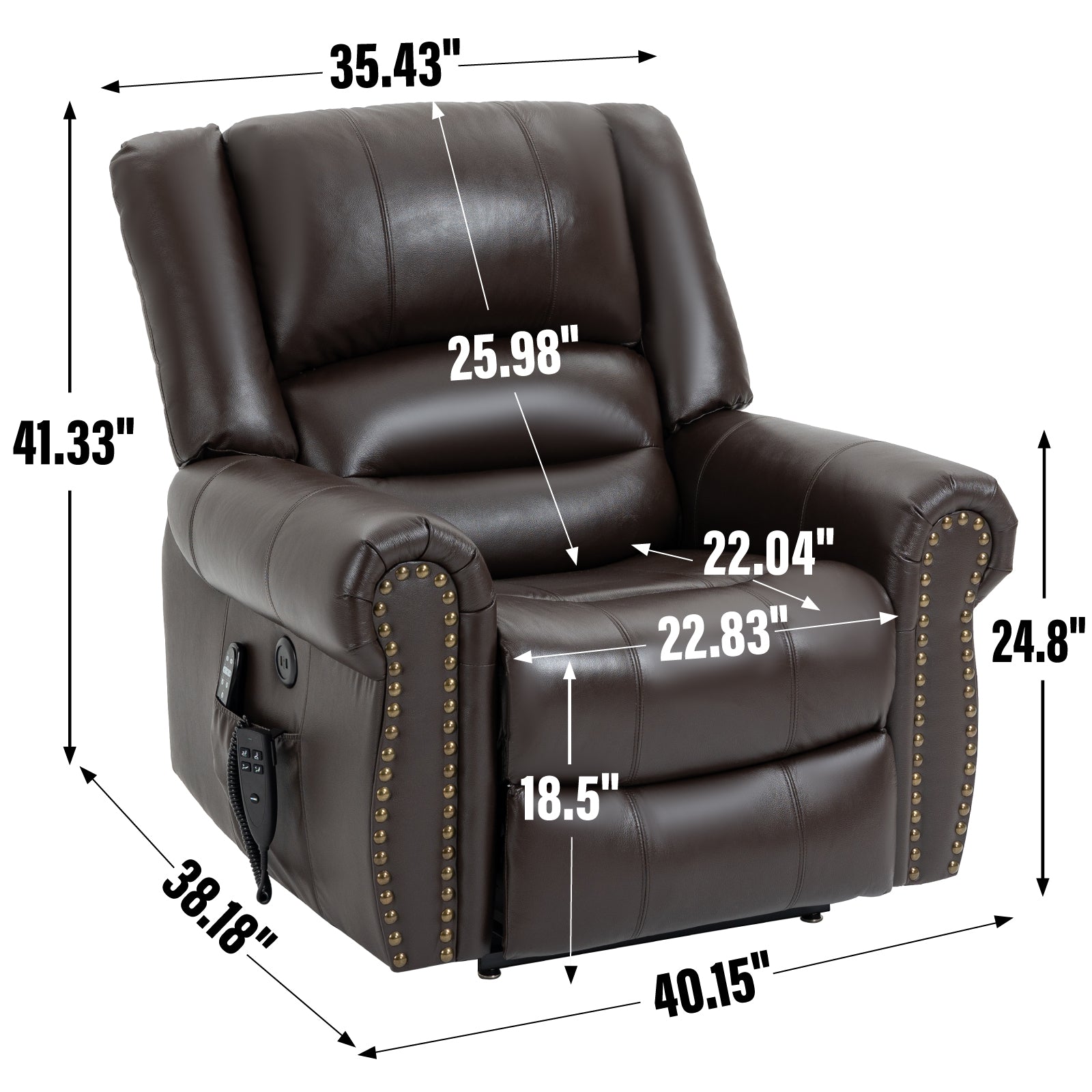 Power Lift Recliner Chair Heat Massage Dual Motor Infinite Position Up to 350 LBS, Genuine Leather, Heavy Duty Motion Mechanism with USB Ports, Brown image 3
